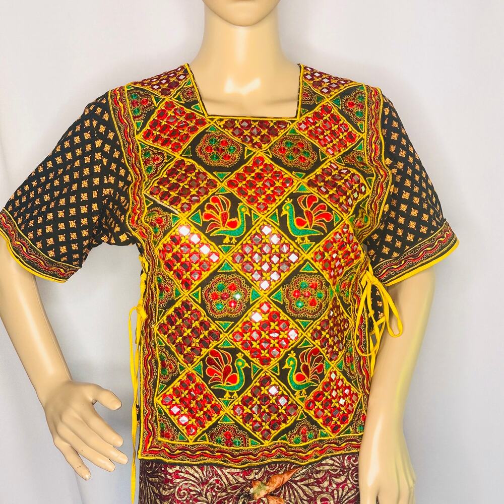Hand Embroidered Mirror Work Top ✨ Black Multicolor Peacock Folk Blouse |